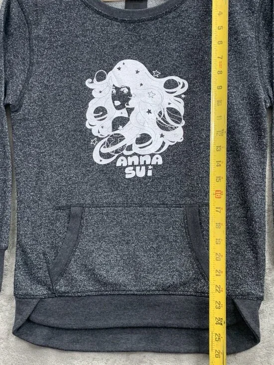 Anna Sui Sweater Womens Small Gray Crew Neck Graphic Print Logo Y2K Sweatshirt - Picture 2 of 7